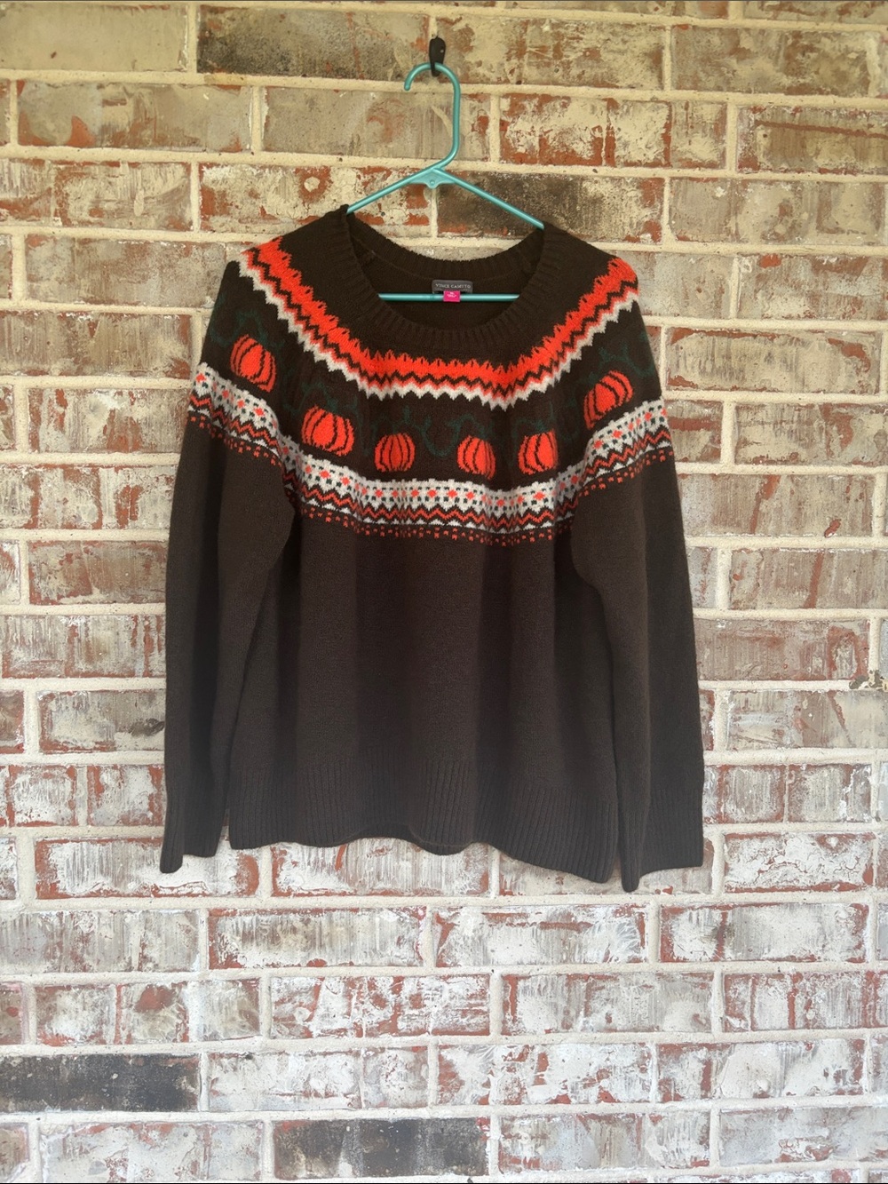 Vince Camuto Brown Crewneck Sweater with Orange and Cream Fair Isle Pumpkin Yoke